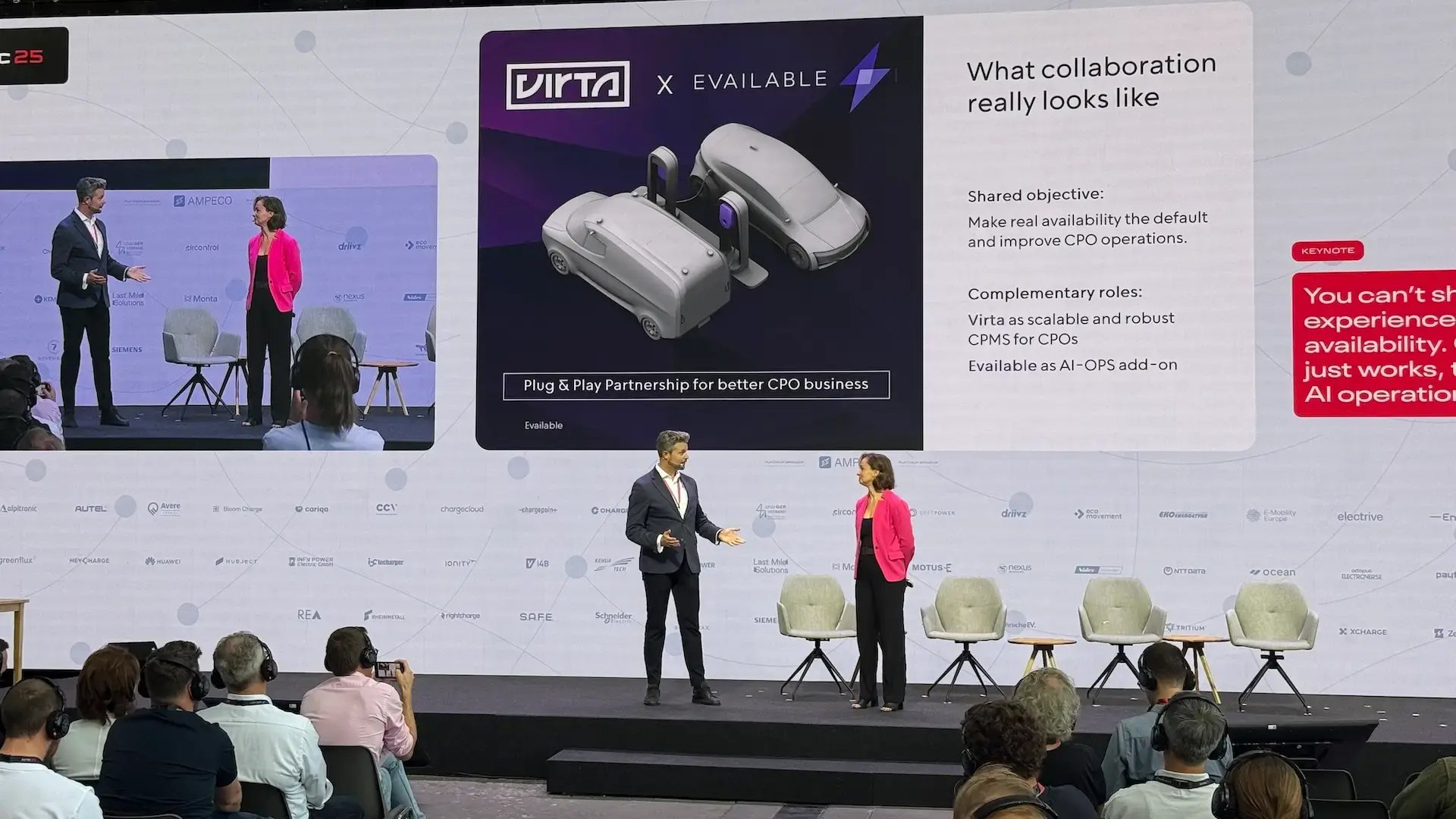 Nicolai Woyczechowski fra Virta og Maren Rehnelt fra Evailable annoncerer partnerskab på ICNC 2025 i Berlin