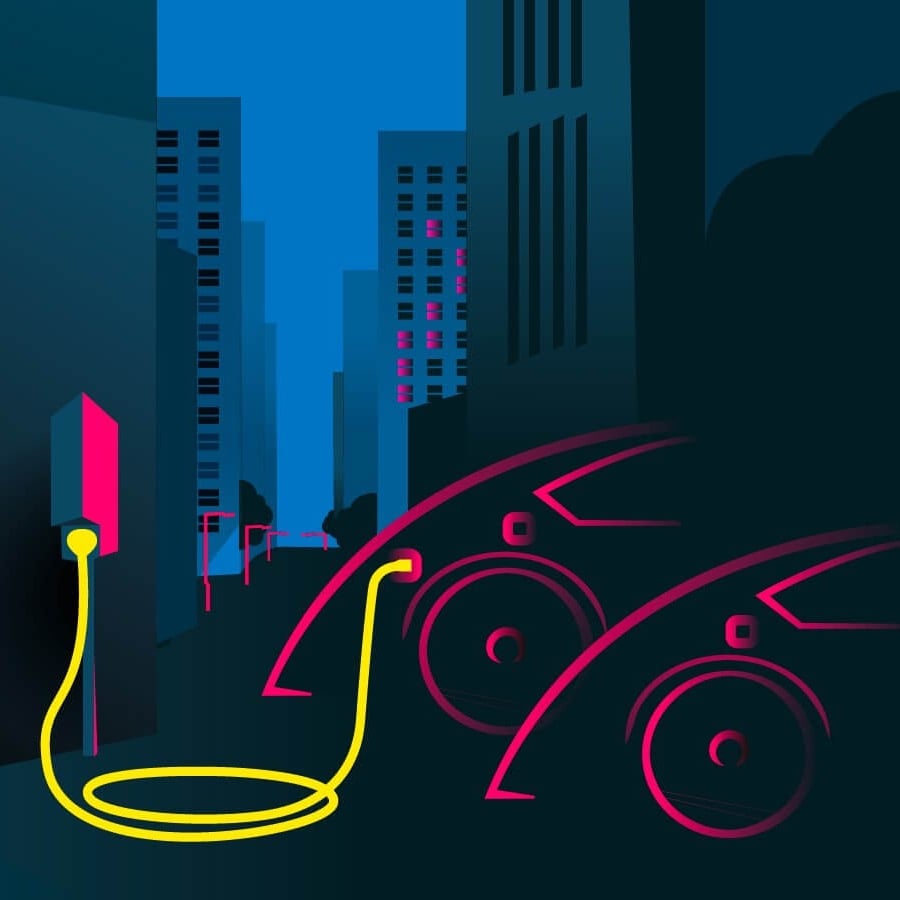 Illustration avec des voitures électriques en charge dans une grande ville