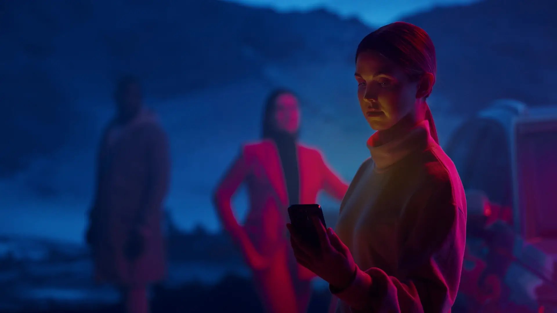 Woman using smartphone while EV charges dusk mountains
