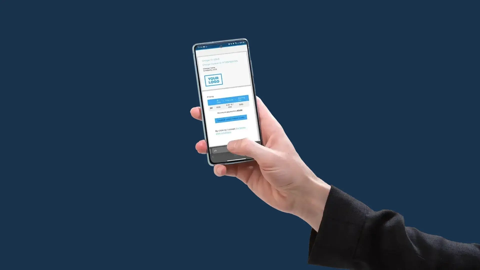 Hand smartphone branded experience blue background
