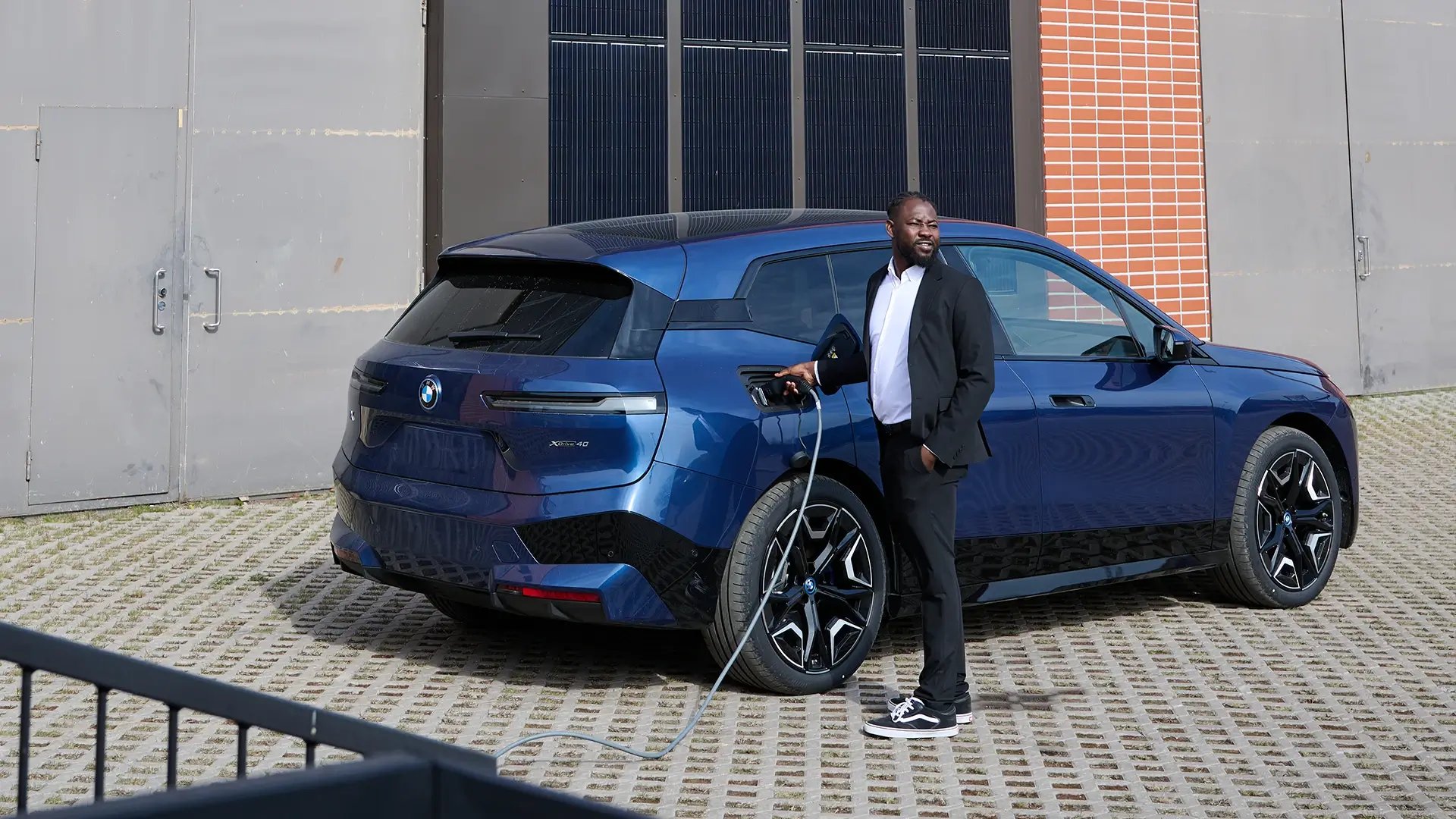 Electric car charge moment urban background
