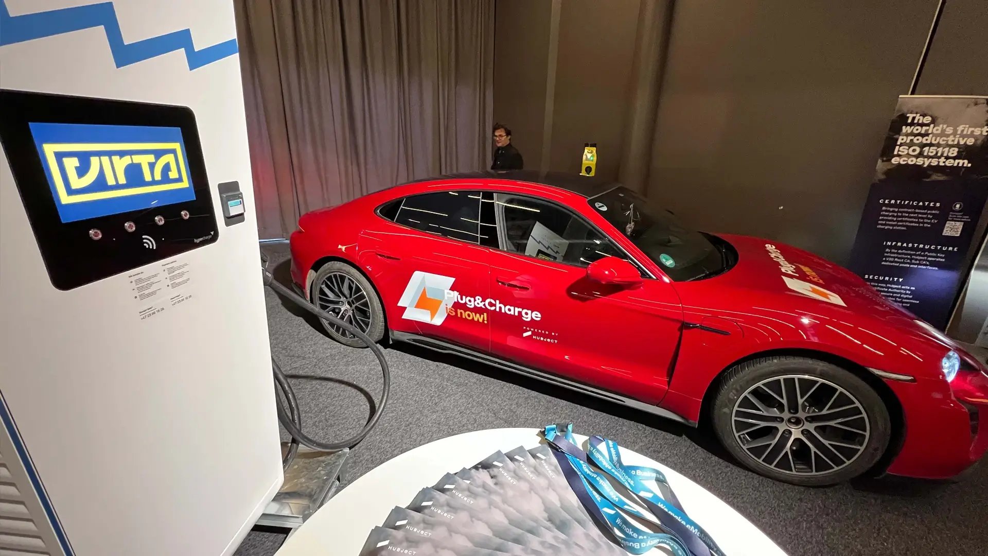 Red electric sports car exhibition charging