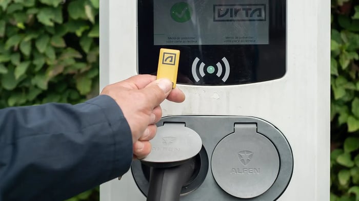 Close-up on AC charger and RFID tag