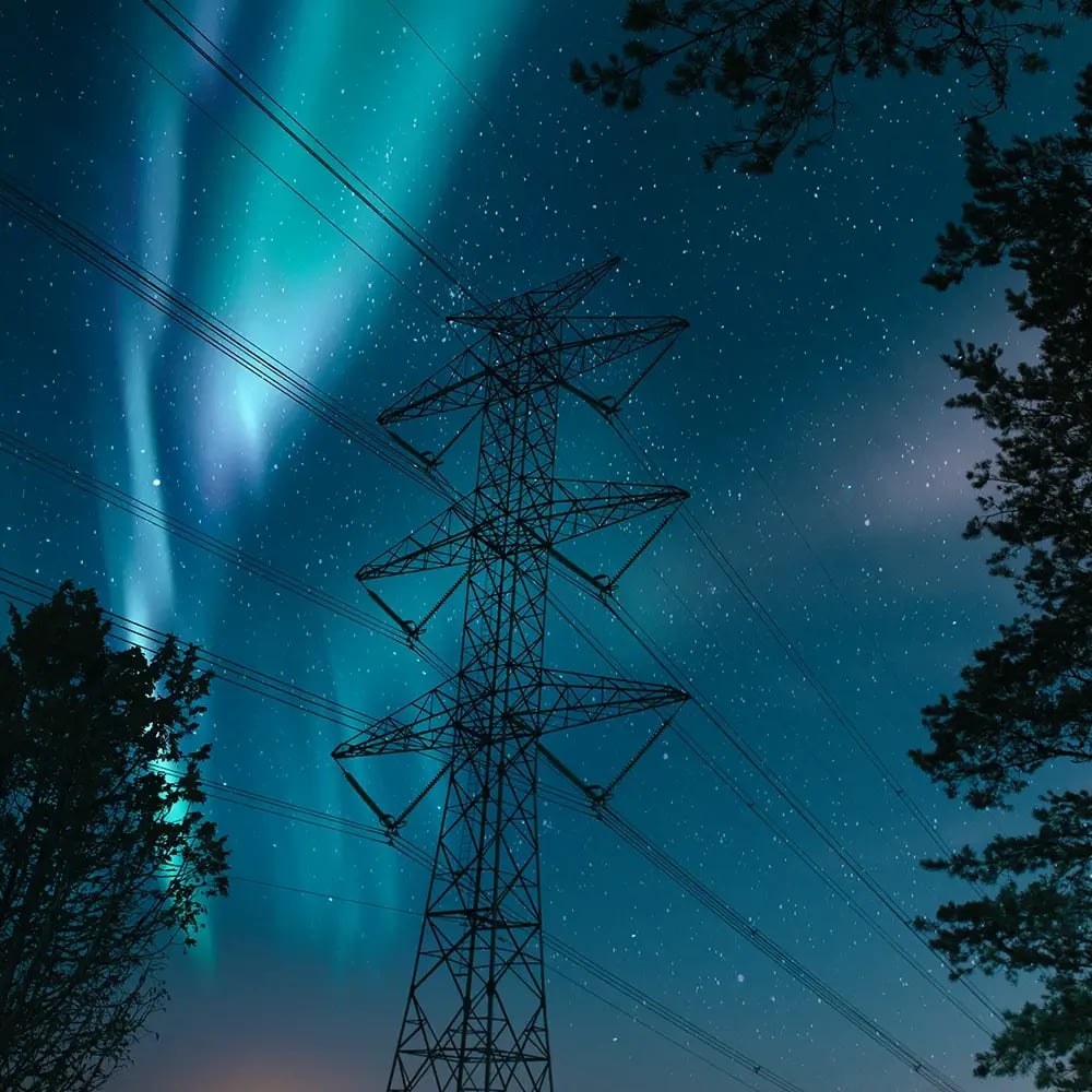 Aurora borealis power lines trees night sky