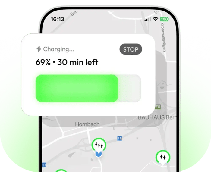 Northe app displaying active EV charging session with 69% charge and 30 minutes remaining