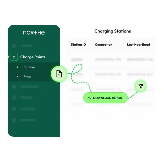 Charging station management interface with connection status and downloadable reports