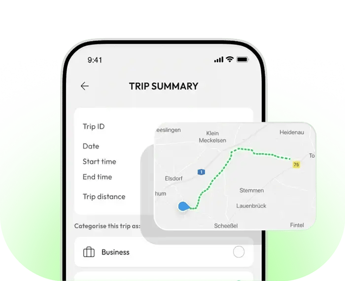 EV mileage tracking app showing trip summary and route map