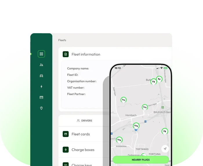 Fleet management dashboard with fleet information and a mobile map showing nearby EV charging points