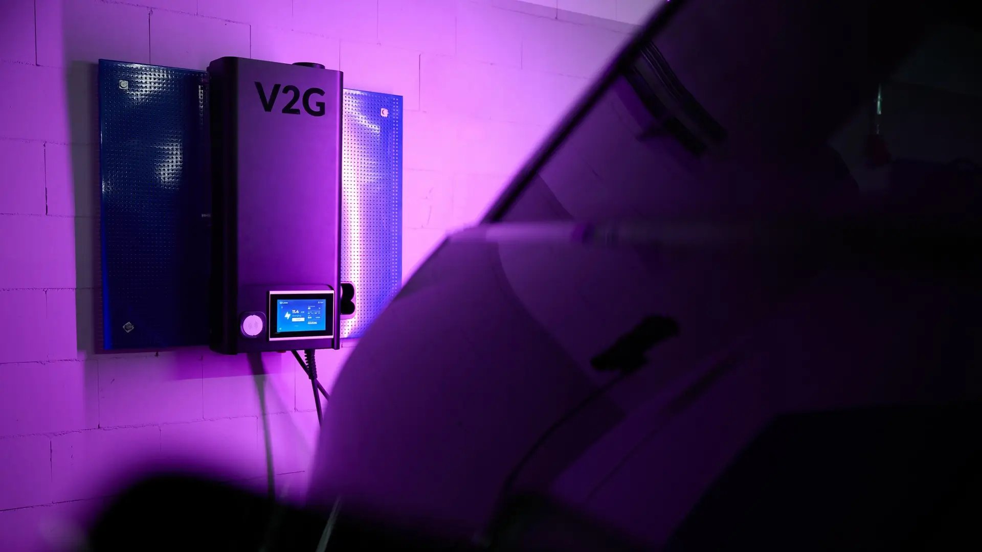 Vehicle-to-grid charger car purple garage