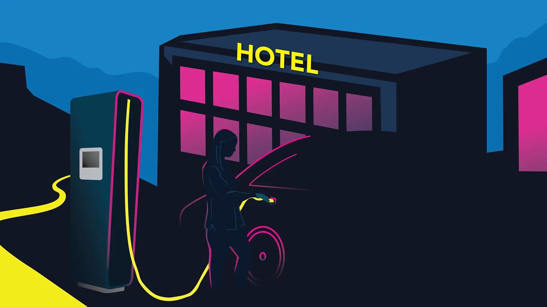 Hotel front EV charging station neon city