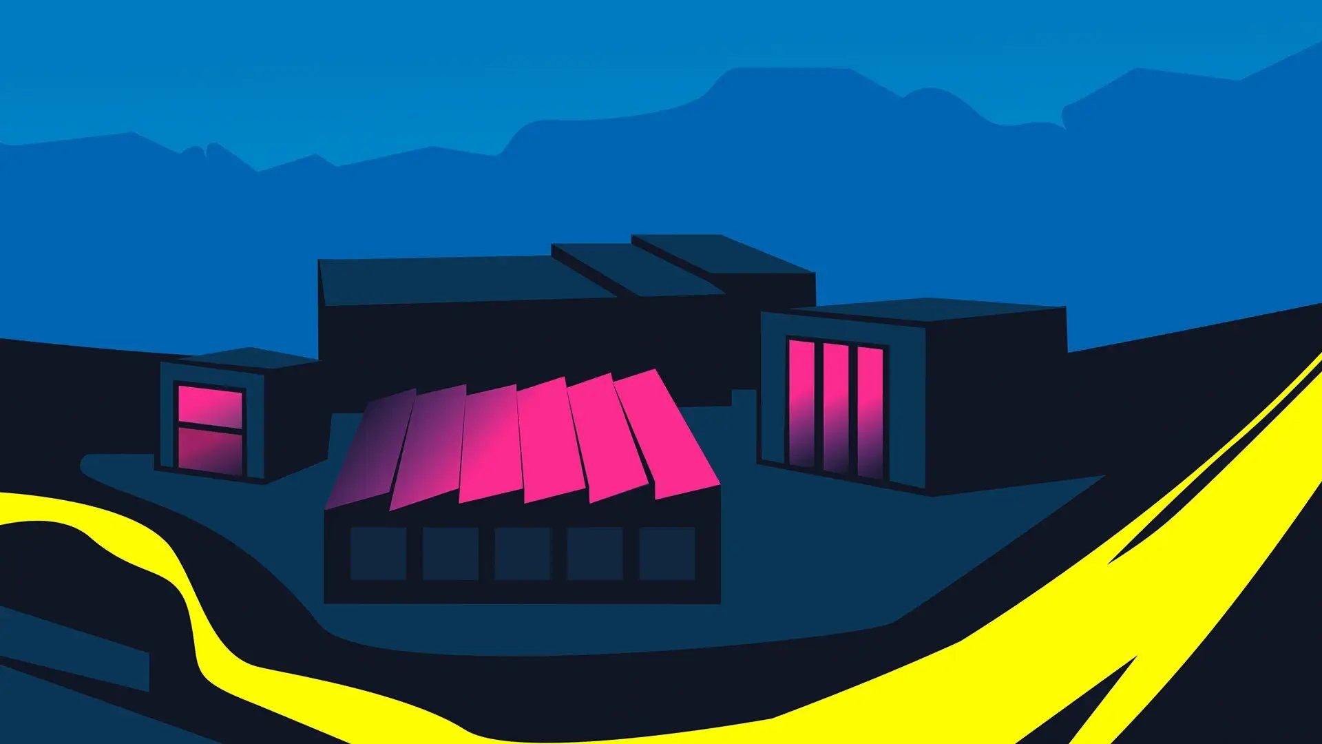 Stylized industrial building energy flow neon lights