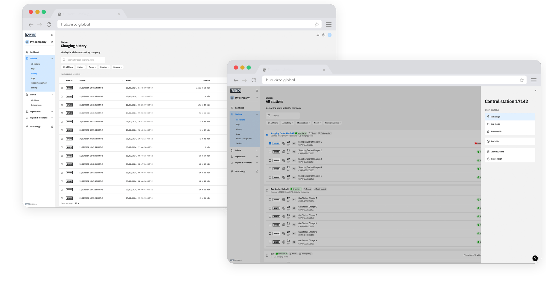Virta Hub charging stations management dashboard mockup