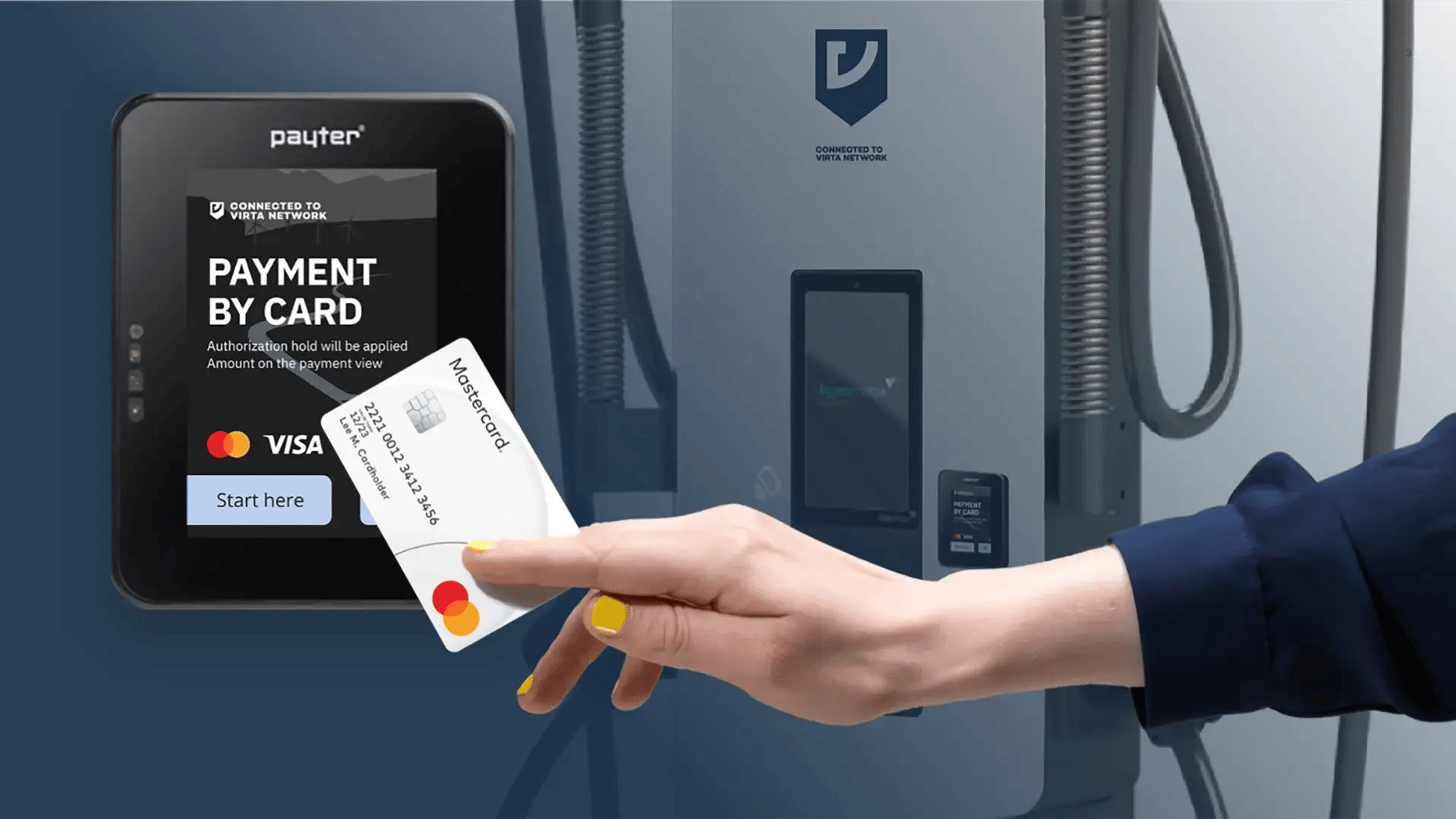 Apollo Payter terminal and a hand with payment card in front of a DC charger
