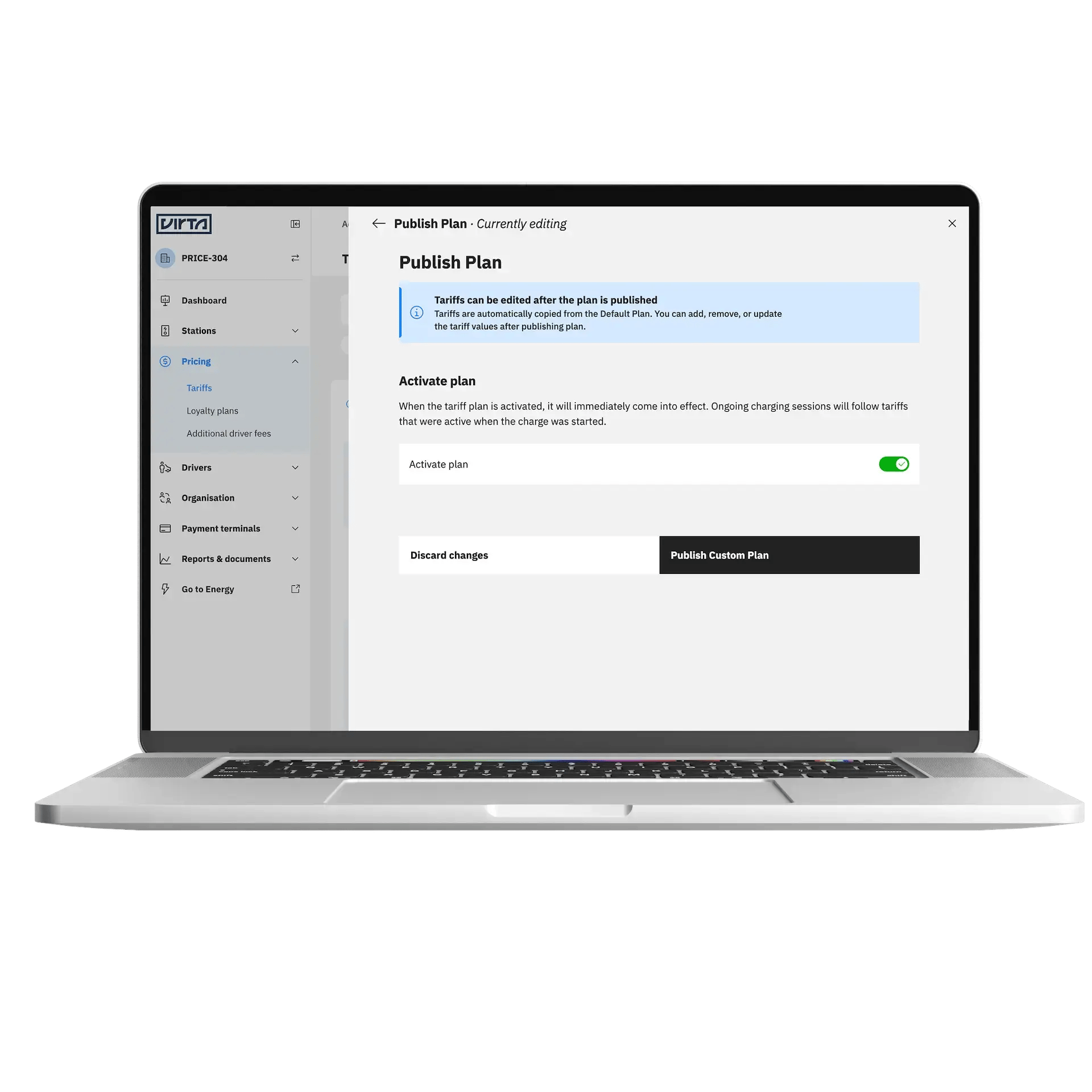 Custom Plan dashboard in Virta Hub on MacBook Screen mockup