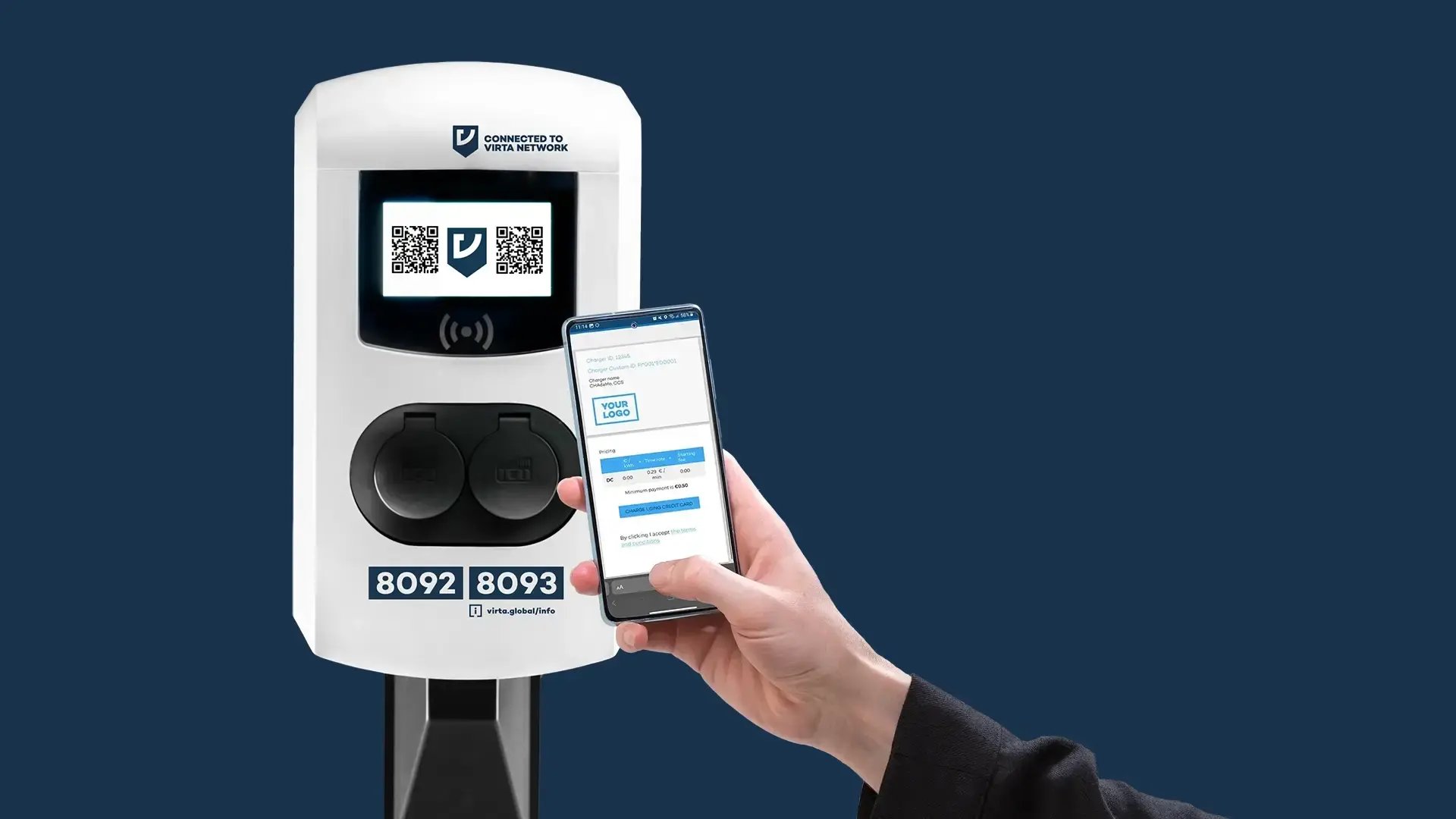 Hand holding one time payment on mobile Alfen with dynamic QR codes on display