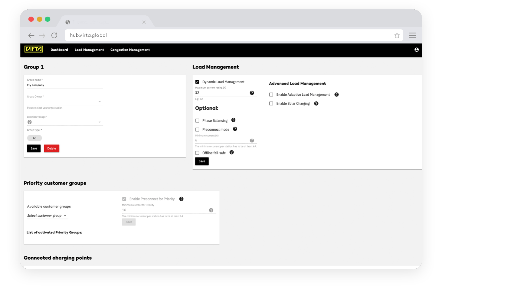 Virta Hub energy management dashboard mockup