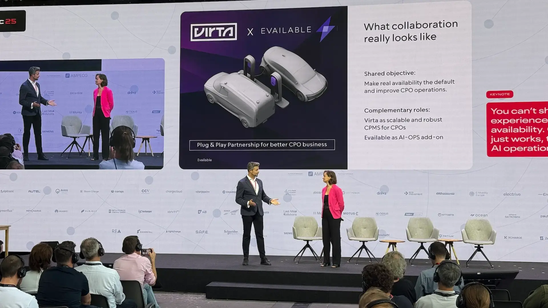 Virta's Nicolai Woyczechowski and Evailable's Maren Rehnelt announcing colaboration at ICNC 2025 in Berlin